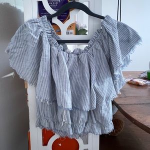 blue and white stripped strapless crop top